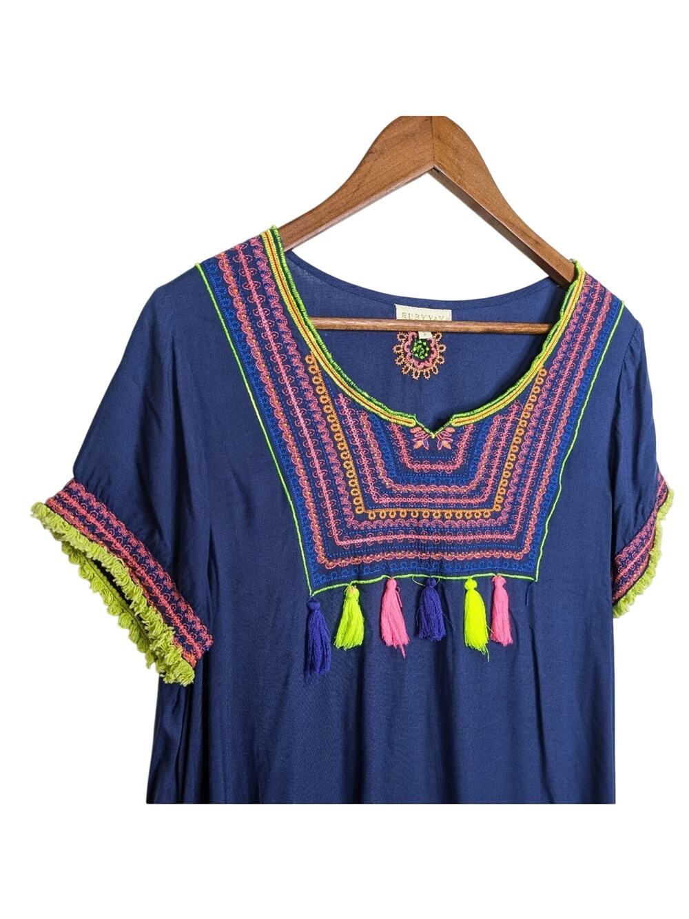 Ruby Yaya Embroidered Dress Blue Asymmetrical Hem Small Fringe Pockets Boho